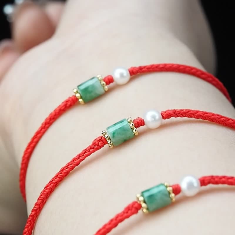 宝淇 - 迎瑞 - 绿翠珍珠红绳*加购更优惠*- 天然 A 货翡翠 - 手链/手环 - 玉石 绿色