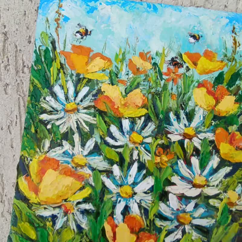 Daisies Poppies Painting Original Art Flowers Bumblebee Wildflowers Oil Blooming - 海报/装饰画/版画 - 其他材质 多色