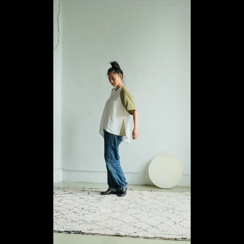 弧形下摆拼接上衣 / 双层纱 天蓝 - 女装 T 恤 - 棉 蓝色