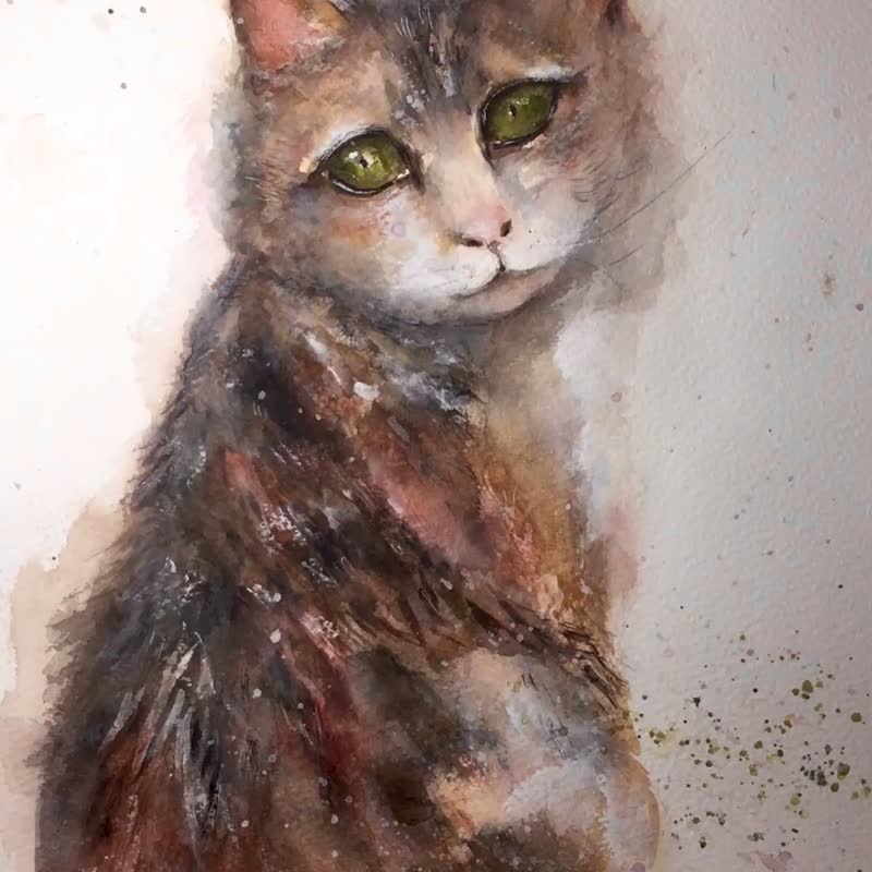翠绿凝视 - A4 水彩猫咪画作 - 订制画像 - 纸 咖啡色