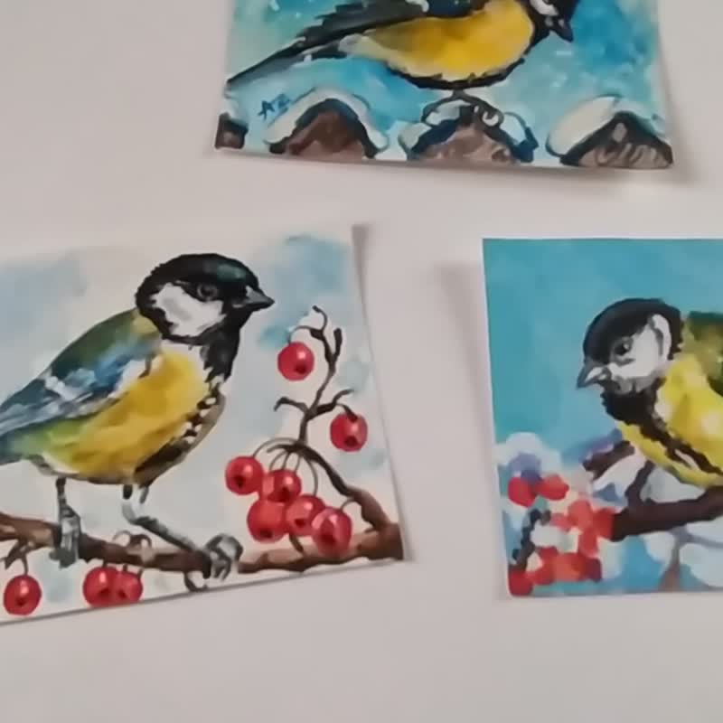 Chickadee Painting Bird Original Art ACEO Set Three Watercolor Small Art Card - 海报/装饰画/版画 - 纸 黄色