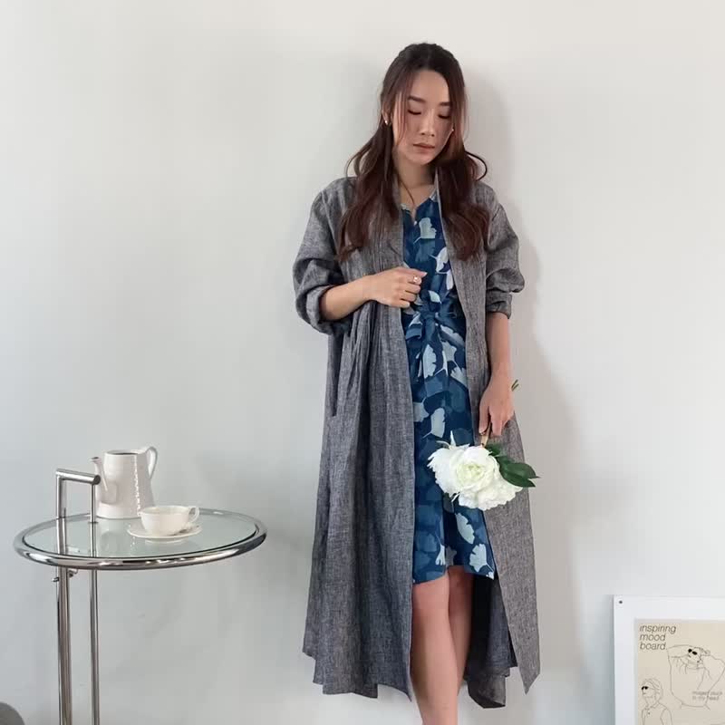 亚麻外套 质感天然亚麻 附前口袋 - 灰色 - 女装休闲/机能外套 - 亚麻 灰色