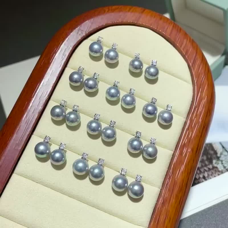 黛妃经典款天然钻石真多麻灰色珍珠真珠项链耳钉8–9mm18K金白 - 耳环/耳夹 - 珍珠 灰色