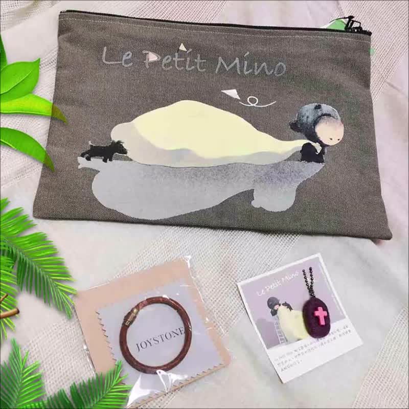 一套穿搭3件组插画家拉链袋x真皮手链x香氛羊毛毡小圆吊饰 随机色 - 手链/手环 - 棉．麻 多色