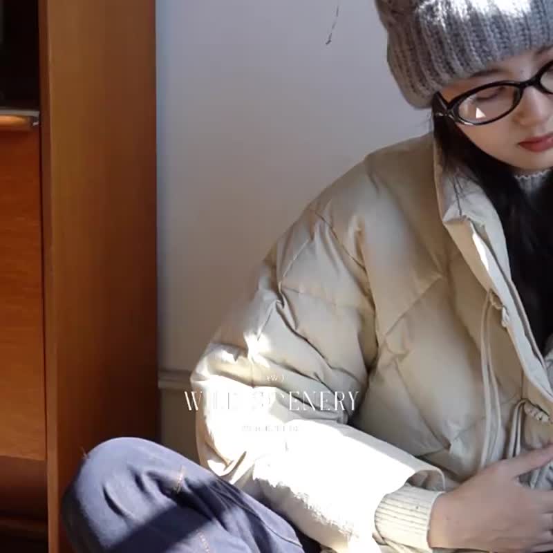 米白色 冬天的故事  幾何絎縫90白鴨絨羽絨服 飄帶保暖外套 - 女装休闲/机能外套 - 聚酯纤维 白色