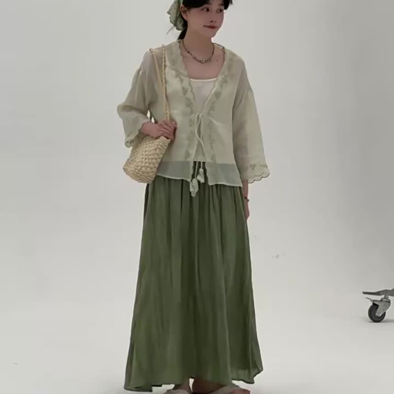 淺綠色 刺繡苧麻開衫 小清新甜美花邊系帶襯衫 長袖休閒上衣 - 女装上衣 - 棉 绿色