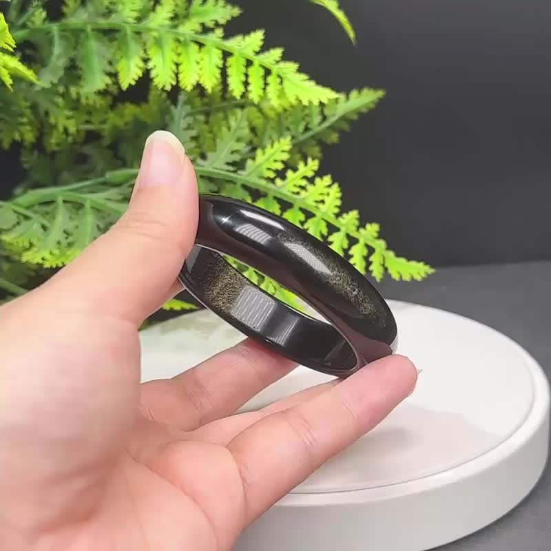 高品质 金曜石手镯 56MM 洒金金沙黑曜石手环 耀眼灵动 招财辟邪 - 手链/手环 - 半宝石 金色
