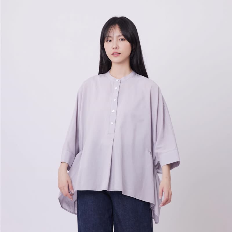 Aqua 半襟細褶棉麻寬版上衣/ 霧灰 - 女装衬衫 - 棉 灰色