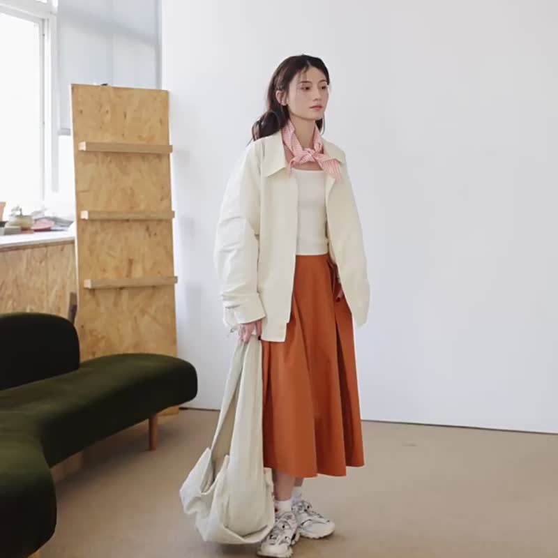 橘色 多巴胺褶皱显瘦半身伞裙 巨百搭 拉长腰身比例半身裙 - 裙子 - 棉．麻 橘色