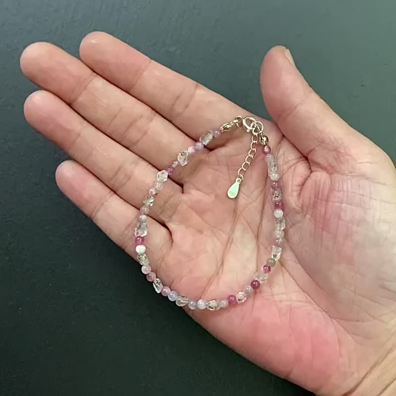 能量原石-闪灵钻原石x梅花碧玺925纯银手链  净化七轮 旺姻缘人缘 - 手链/手环 - 水晶 多色