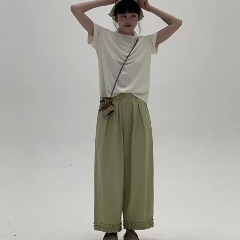 8顔色 褲腳花邊休閒褲 休閒簡約百搭寬松顯瘦直筒長褲 - 女装长裤 - 棉．麻 蓝色