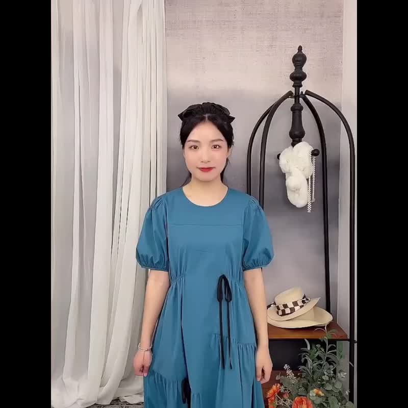 安妮陈限时9折 克莱因蓝连衣裙女夏撞色抽褶裙子休闲中长款连衣裙 - 洋装/连衣裙 - 其他材质 
