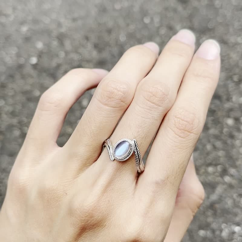 喜迎瑶 925银 拉长石 天然石 戒指 活口戒指 可调式 羽毛 民族风 - 戒指 - 水晶 银色