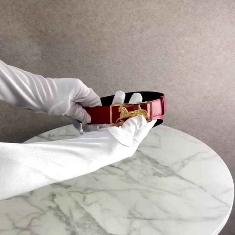 【日本直送，名牌二手包装】CELINE 皮带红Carriage Leather Vintage Old 666k25 - 皮带/腰带 - 真皮 红色