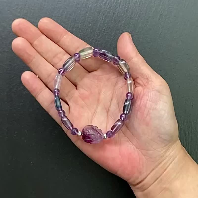 打开智慧 招财 化太岁-钻石切面渐层萤石x紫水晶龙龟925纯银手排 - 手链/手环 - 水晶 多色