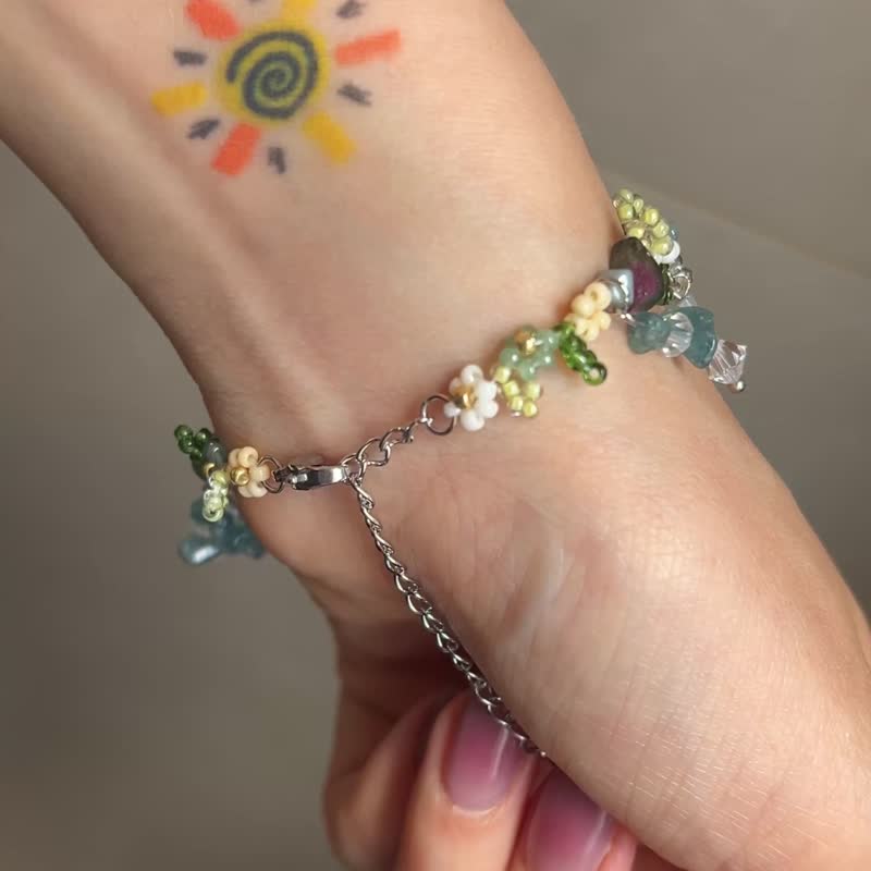 原矿 西瓜碧玺 湖蓝 小花手链 玻璃米珠x天然石 串珠手链 - 手链/手环 - 水晶 橘色