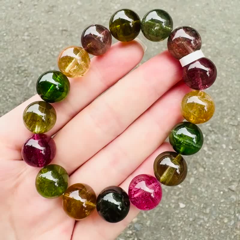 天然彩色大珠碧玺12.8-13.3mm57.09g经典配色稀有旺夫石电气石 - 手链/手环 - 水晶 多色