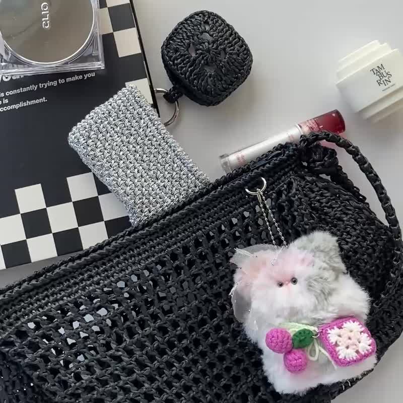 夏季黑色网眼褶皱结饰单肩包（含 AirPod 保护套钥匙圈） - 手提包/手提袋 - 聚酯纤维 黑色