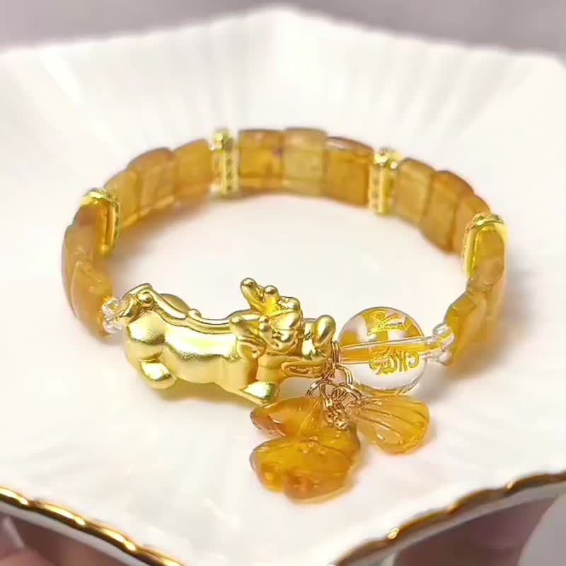 稀有金碧玺 貔貅 六字真言白水晶 幸运 智慧 招财 手链 单品 礼物 - 手链/手环 - 宝石 金色