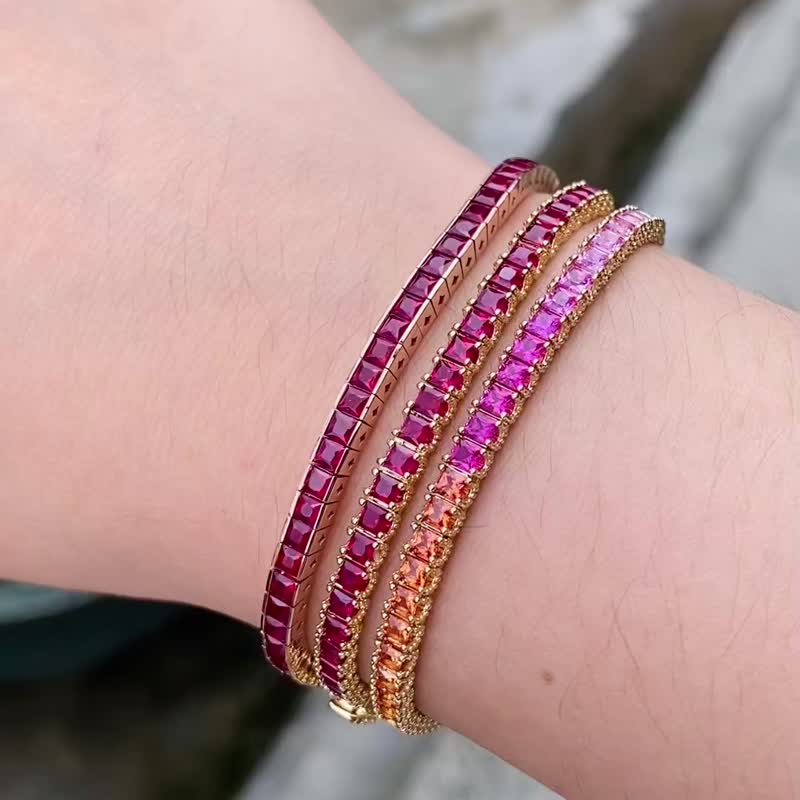 彩虹轮糖霜小金珠千谷粒天然彩色蓝宝石红宝石刚玉18k金手链 - 手链/手环 - 宝石 多色