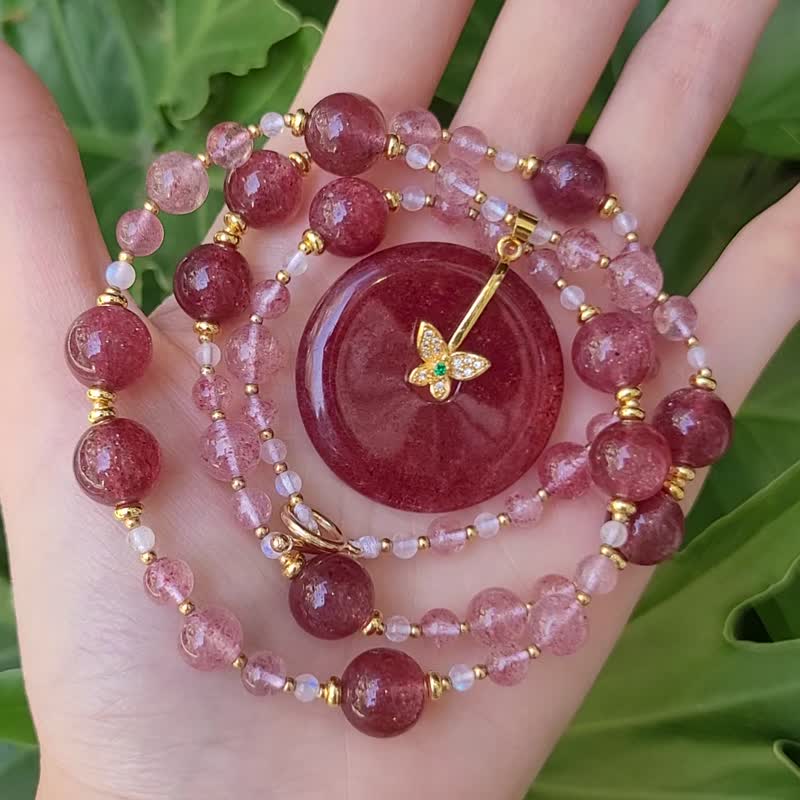 天然 红运当头 草莓晶 古钱 平安扣 蓝月光 富贵 招财 项链 单品 - 项链 - 宝石 红色