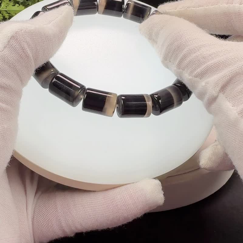 稀有天然黑玛瑙手串冰透干净聚宝盆直切桶珠男女第三眼脉轮招好运 - 手链/手环 - 半宝石 黑色