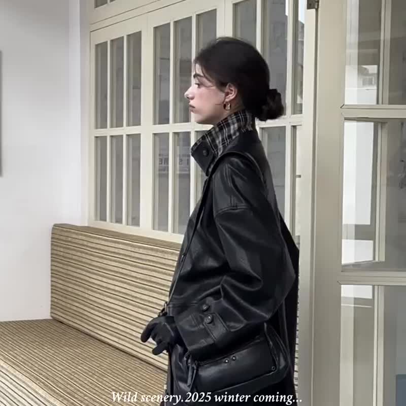 黑色 機能詩意 法式復古斑駁痕PU皮衣 格紋拼接中長款外套 - 女装休闲/机能外套 - 人造皮革 黑色