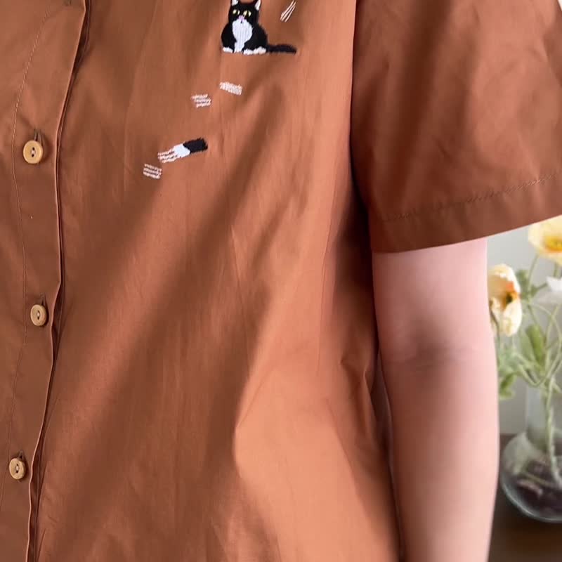 Shirt Dress : 连衣裙  Moody Cat猫 -Brown Cinnamon棕色的 - 洋装/连衣裙 - 棉．麻 咖啡色