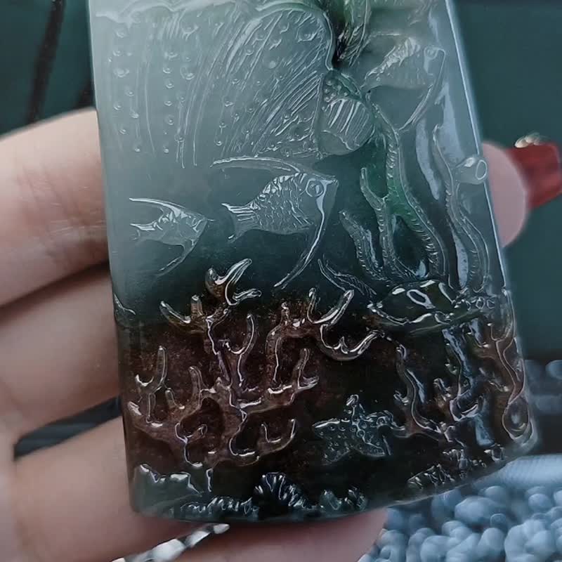 收藏级 招财|深海宝藏|缅甸A玉翡翠多彩海底荷花双面巧雕牌 - 挂绳/吊绳 - 玉石 