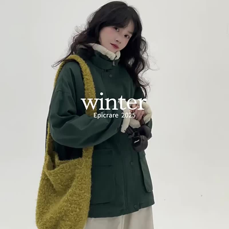 2顔色 森林暮光 立領內裡全毛絨加厚外套 日系復古保暖夾克 - 女装休闲/机能外套 - 棉．麻 绿色