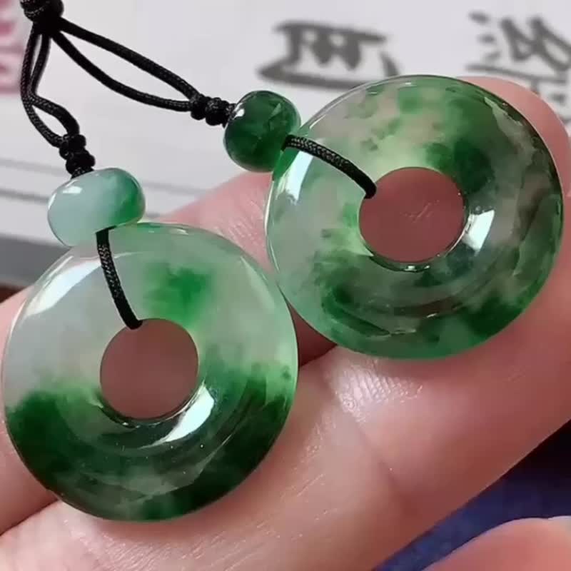 冰种翡翠 天然翡翠 缅甸A玉 颈链 • 冰种半山水翡翠平安子母扣 - 项链 - 玉石 绿色