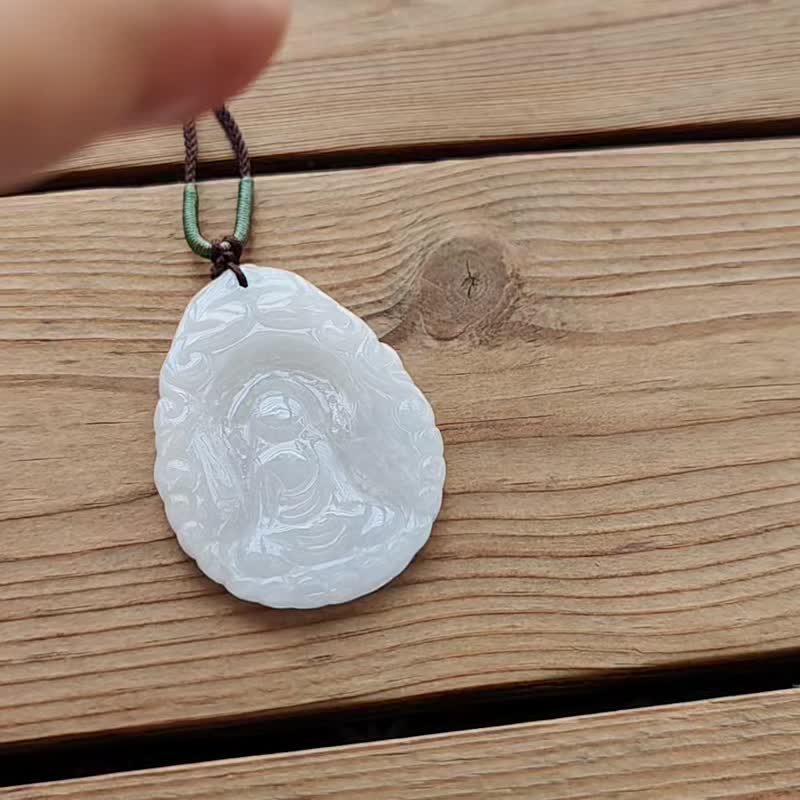 【亲翠】天然翡翠 白冰相由心生无相佛调整式绳链 佛系 - 项链 - 玉石 白色