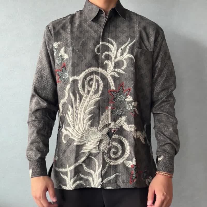 印尼蜡染几何织纹长袖衬衫 SATRIA - 铁灰飞凤 - SAT007 - 男装衬衫 - 其他材质 灰色
