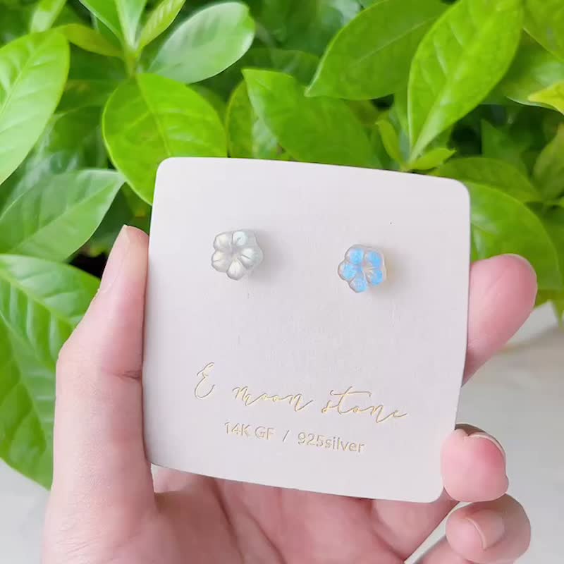 极冰透体 强蓝彩光拉长石小花耳针  一物一图 - 耳环/耳夹 - 水晶 灰色