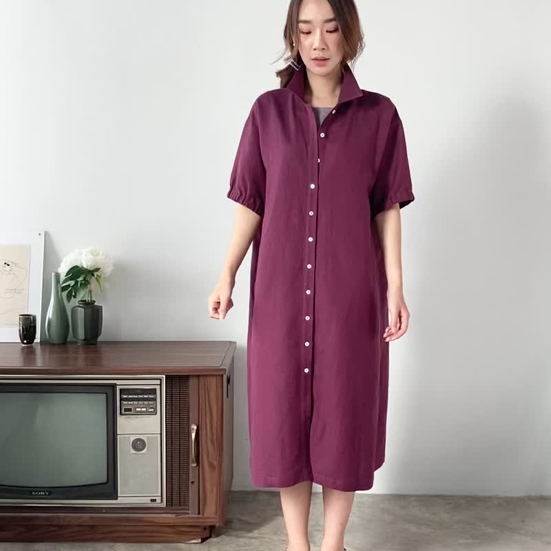 Natural Linen Long Dress and Coat - Wine - 洋装/连衣裙 - 亚麻 紫色