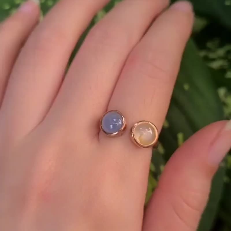 天然未加工缅甸蓝宝石尺寸 7 毫米银镀玫瑰金可调节戒指 - 戒指 - 宝石 蓝色