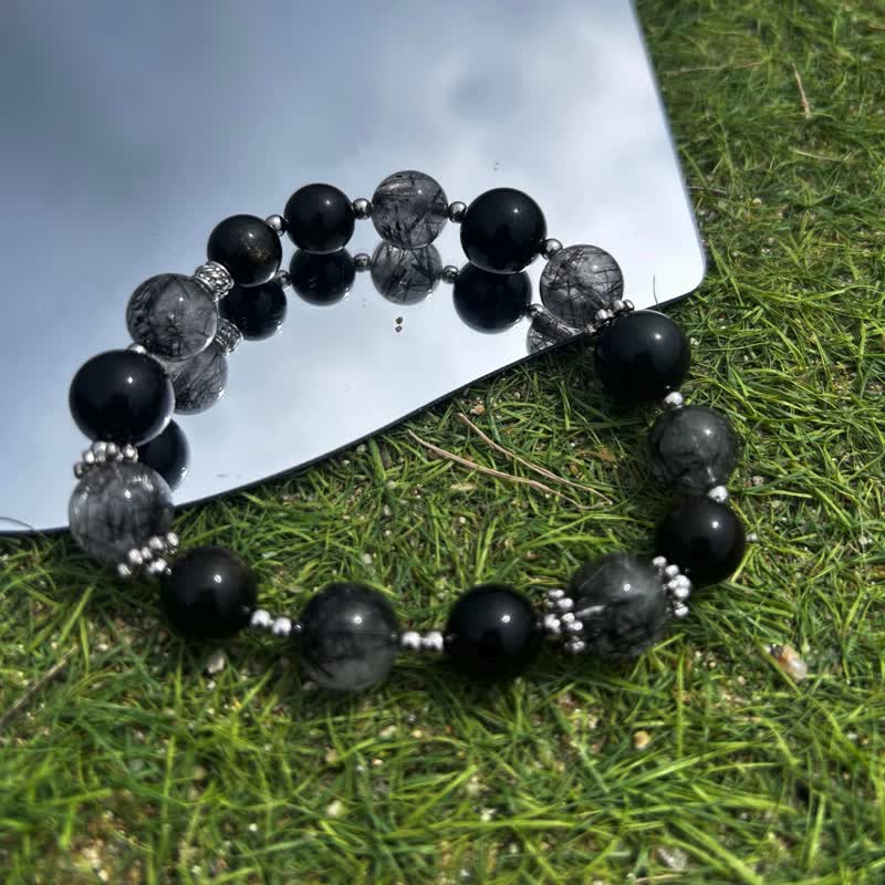 黑发晶 彩眼黑曜石 水晶 手链 手链 月全食 能量 礼物 辟邪 - 手链/手环 - 水晶 黑色