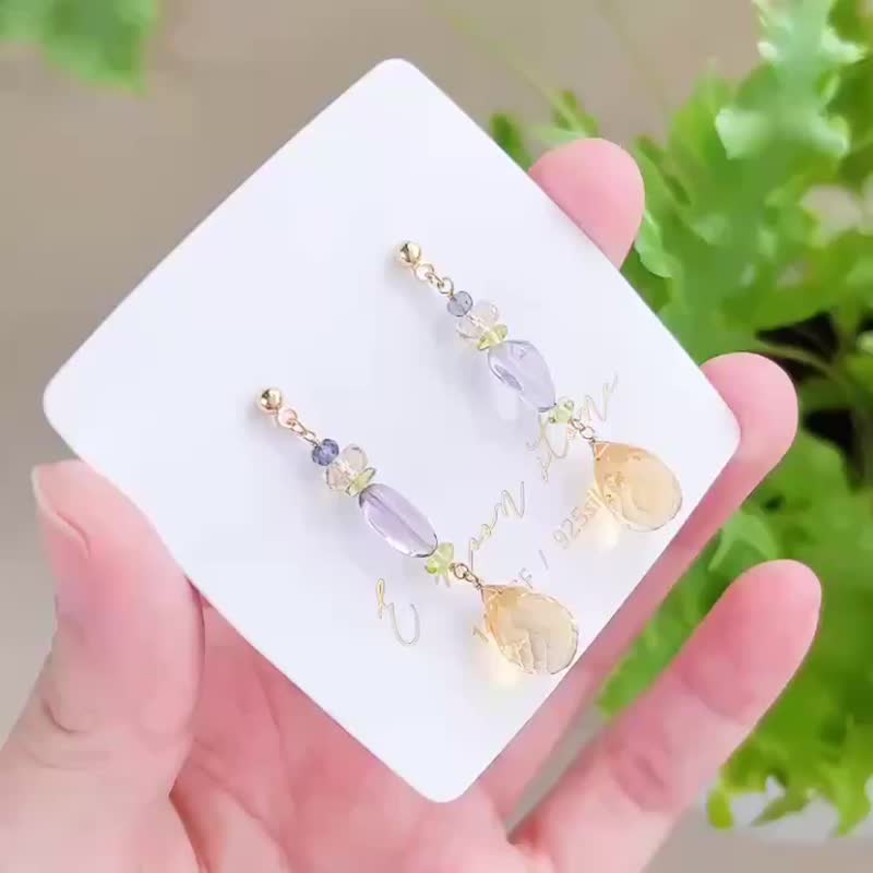 金流显化 /  黄金糖感 天然黄水晶耳环 清新嫩色 14K 注金 - 耳环/耳夹 - 水晶 黄色