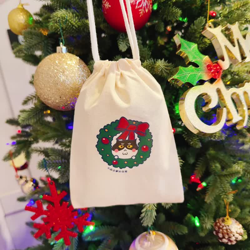 圣诞礼物 | 耶诞花圈猫の日常 奔驰猫 帆布束口袋 手工印制 - 化妆包/杂物包 - 棉．麻 红色