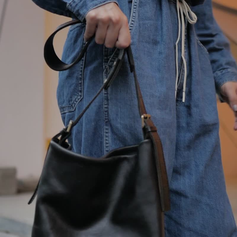 sobag日系简约真皮通勤单肩包女小众设计感牛皮休闲复古斜挎大包 - 侧背包/斜挎包 - 真皮 黑色