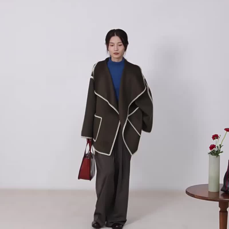红色 3色 重磅秋冬羊绒羊毛双面贝壳绣特殊工艺大衣外套 - 女装休闲/机能外套 - 羊毛 红色