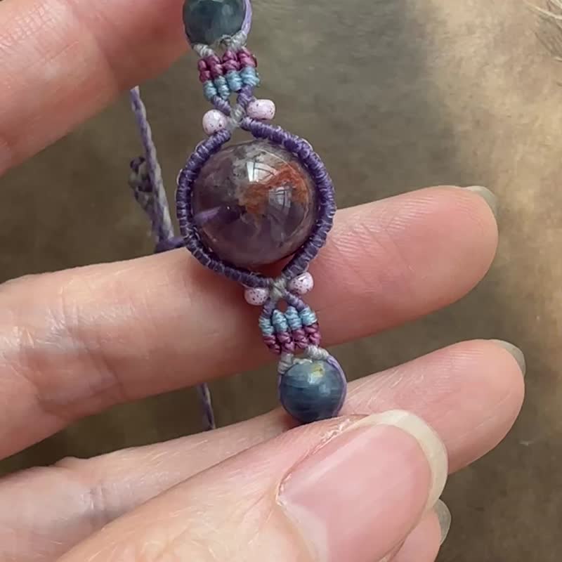 BB131 民族风 蜡线编织 紫幽灵水晶 手环 (可调长度) - 手链/手环 - 宝石 紫色