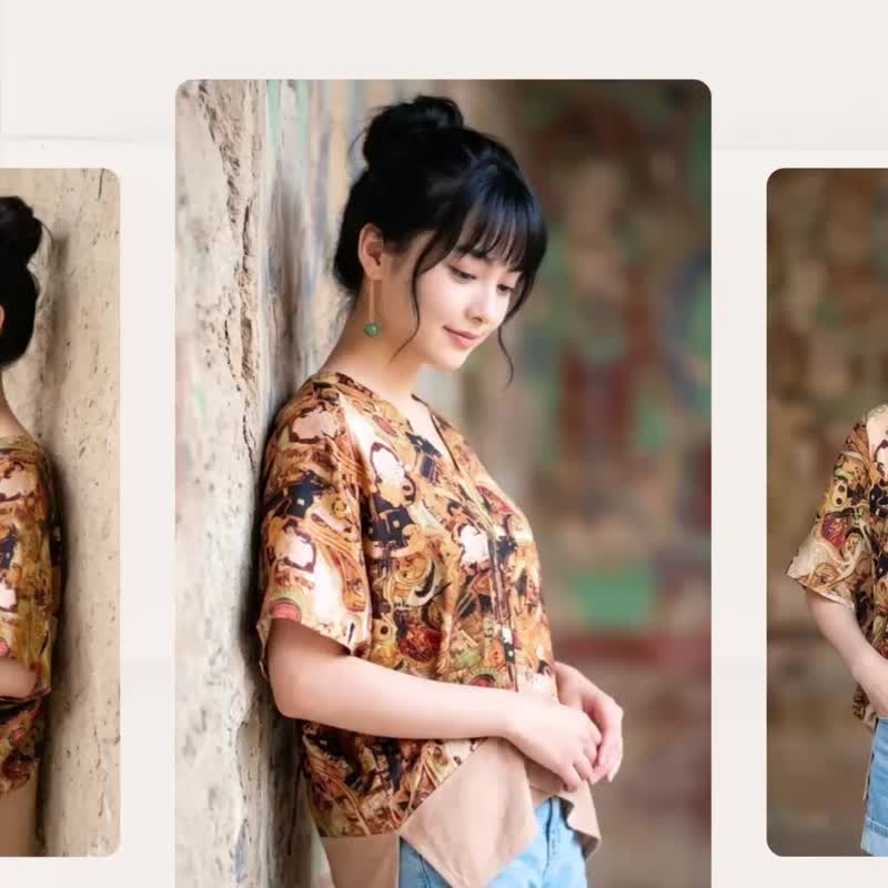 敦煌飞天图腾柔软微修身拼接罩衫四方衣四角衣 - 女装衬衫 - 其他材质 卡其色