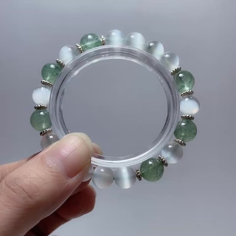 天然矿物 透石膏 绿草莓晶 925纯银 手链 - 手链/手环 - 半宝石 白色
