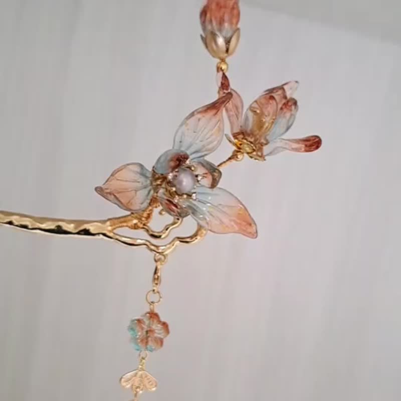 古风琉璃系列【双色鸢尾】~发簪(含可拆式流苏) - 耳环/耳夹 - 玻璃 咖啡色