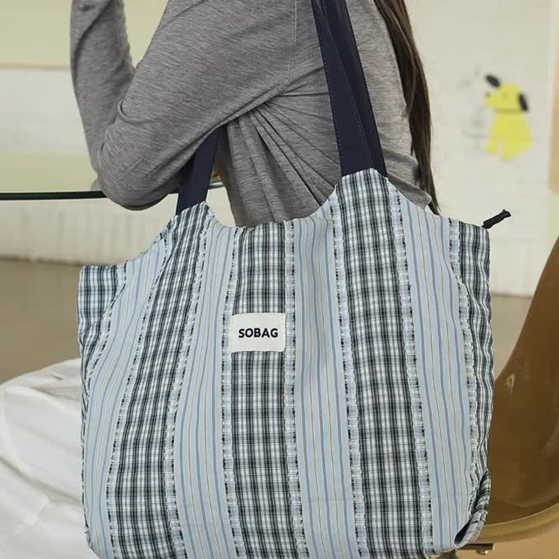 sobag夏天日系多巴胺蓝色格子帆布单肩包女休闲大容量通勤托特包 - 侧背包/斜挎包 - 棉 蓝色
