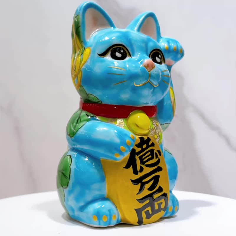 【菊靛纳福】日本清水烧招财猫 | 水色黄菊 - 摆饰 - 瓷 蓝色