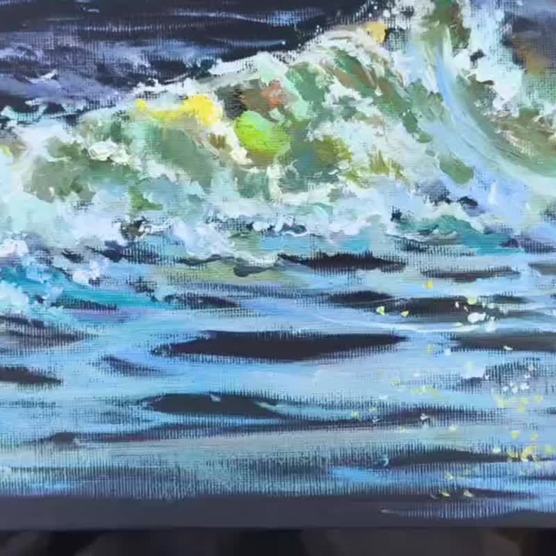 丝绒之夜海景 原创油画布 月光海浪艺术 海岸风景墙面装饰 - 墙贴/壁贴 - 棉．麻 灰色
