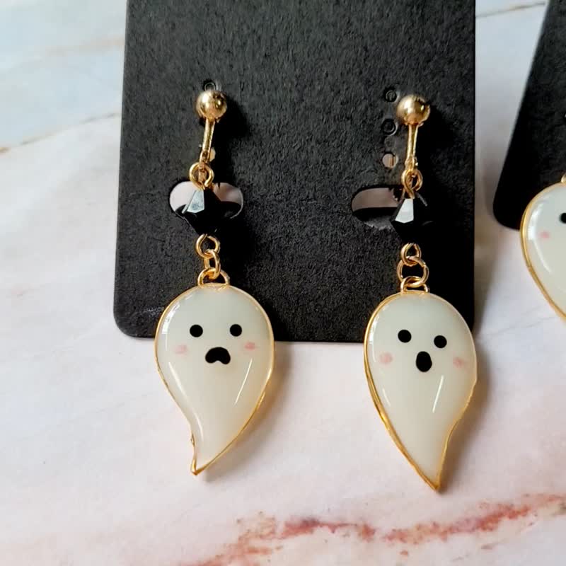 妍语手作 925银 耳环 耳针 耳夹 夜光 鬼魂 南瓜 巫婆 万圣节 - 耳环/耳夹 - 树脂 白色