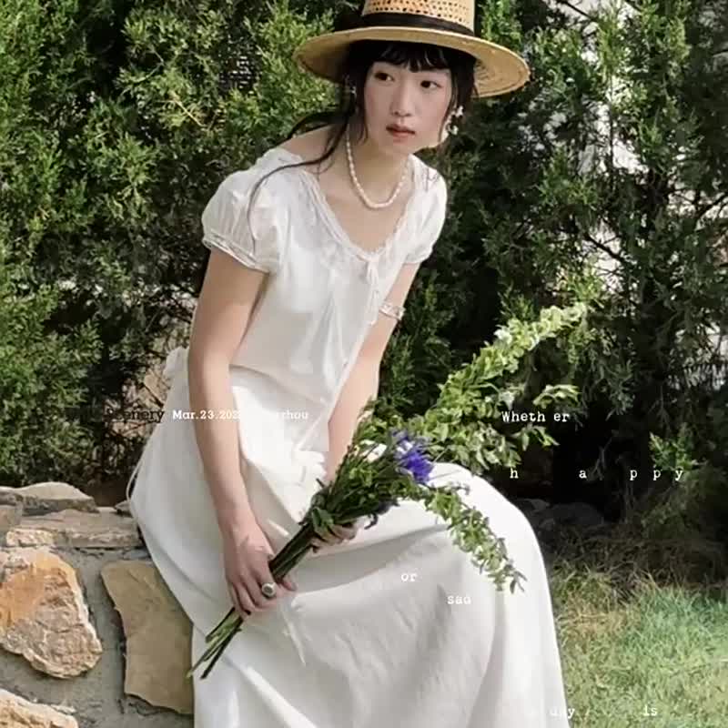 白色 克林索爾的夏 法式古典亞麻棉拼接洋裝 蕾絲收腰系帶連身裙 - 洋装/连衣裙 - 棉．麻 白色